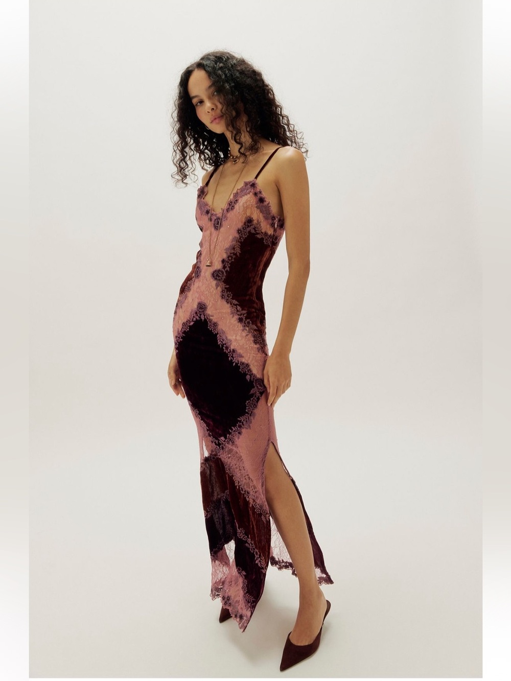 La Fuori - Velvet Lace Slip Dress in Dusty Rose and Burgundy